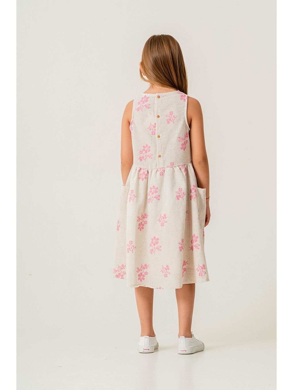 Pembe Kız Çocuk Keten Ekru Çiçek Desenli Elbise - Yazlık Şıklık-1