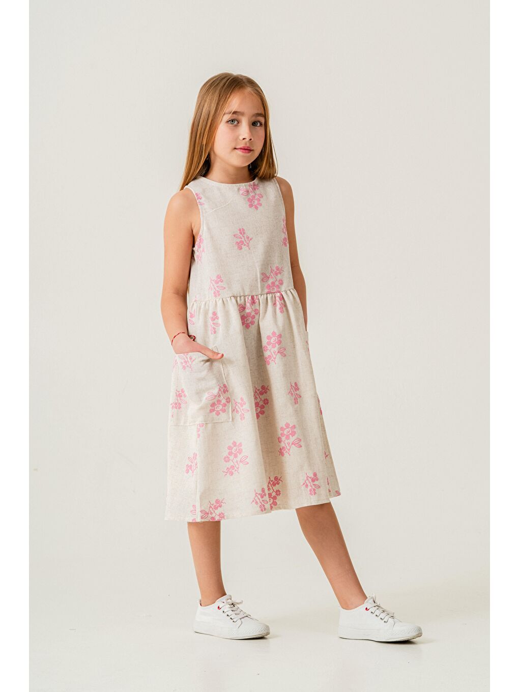 Pembe Kız Çocuk Keten Ekru Çiçek Desenli Elbise - Yazlık Şıklık-2
