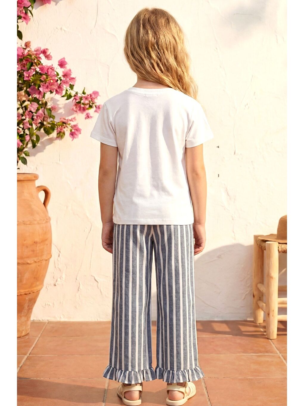 Kız Çocuk Pamuklu Beyaz Fiyonk Detaylı Tişört Pantolon Takım - Gri Çizgili-4