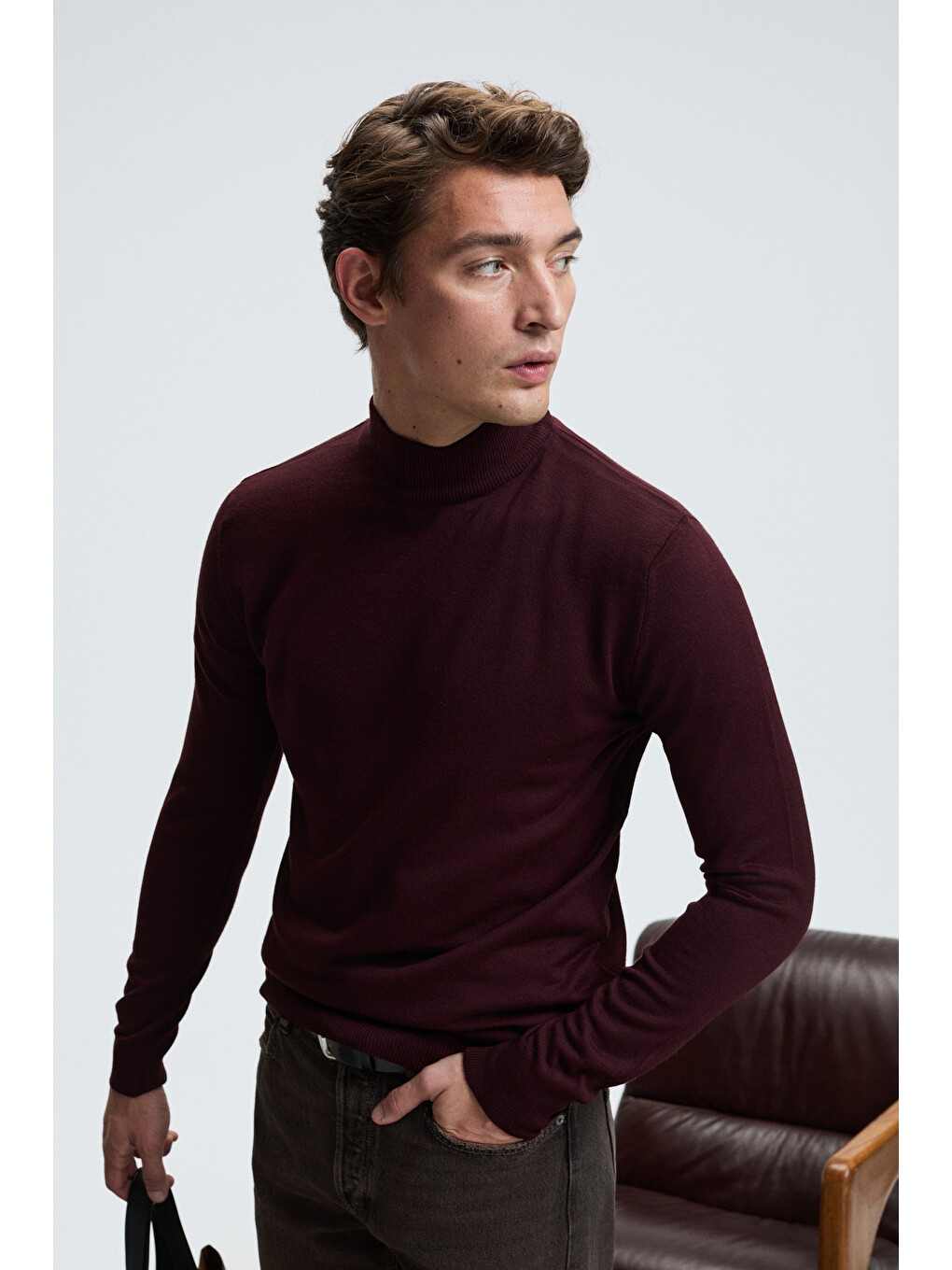 Rebel Erkek Yarım Balıkçı Yaka Basic Slim Fit Triko Bordo Kazak-2
