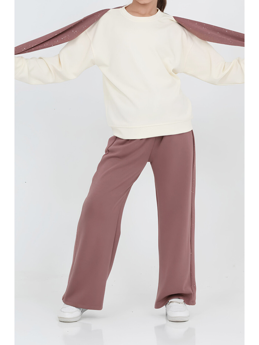 Pembe Kız Çocuk Sim Fularlı+double Face Kumaş Alt-üst Takım 7-12 Yaş 12776blt-1