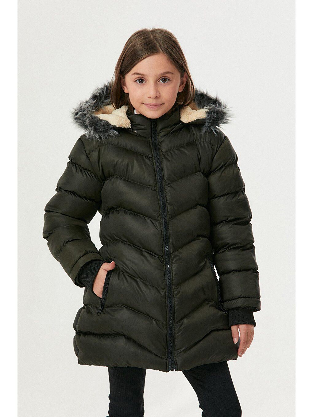 Haki Cebi Fermuarlı Kız Çocuk Şişme Mont-2