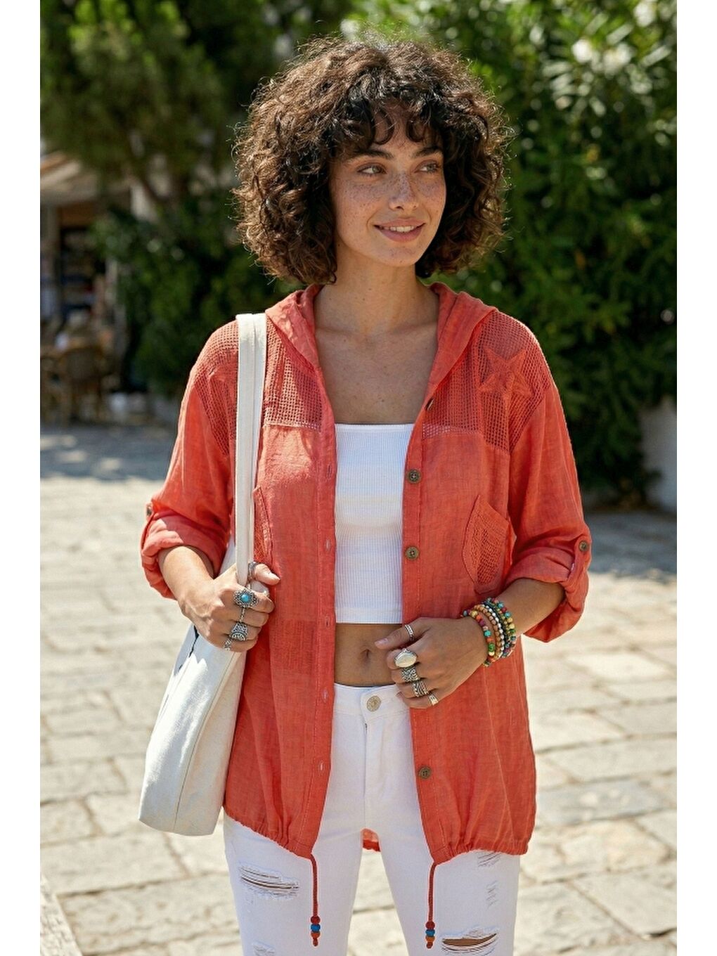 Kırmızı Narçiçeği Uzun Kol Arkası Yıldız Desenli Omuzları File Ve Yıldız Detaylı Casual Dokuma Ceket 70 65