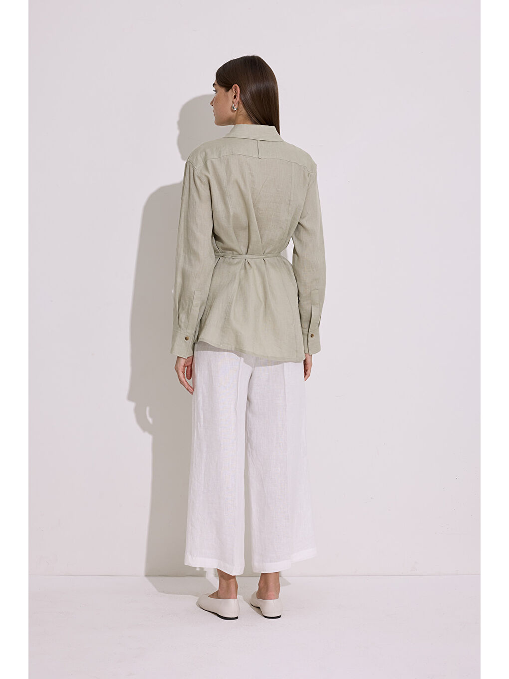 Keten Bağlama Detaylı Gömlek Yeşil-4