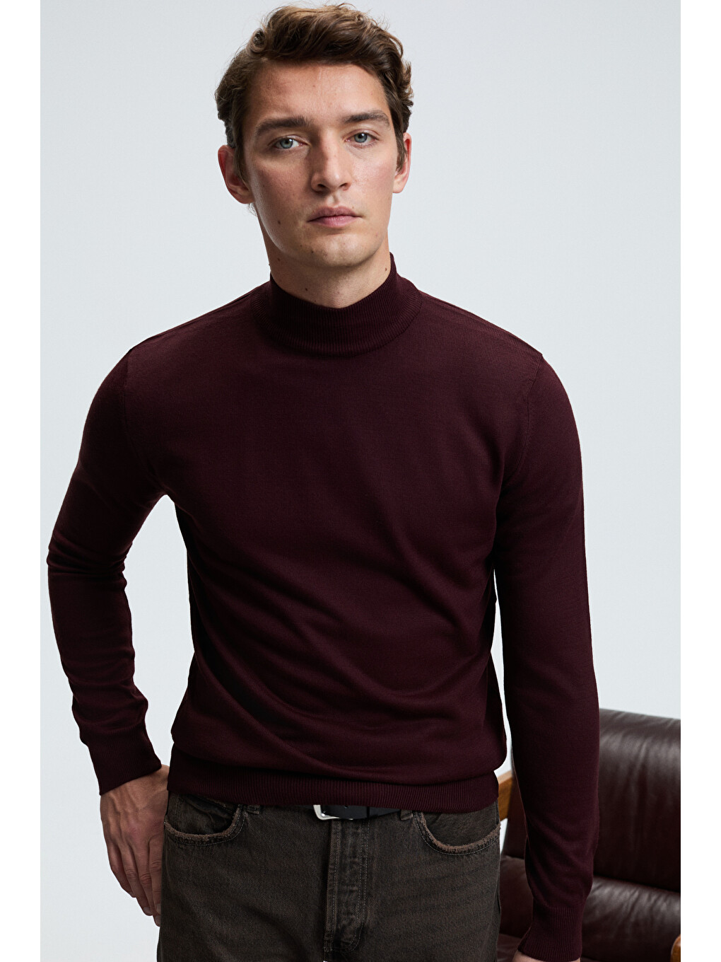 Rebel Erkek Yarım Balıkçı Yaka Basic Slim Fit Triko Bordo Kazak-3