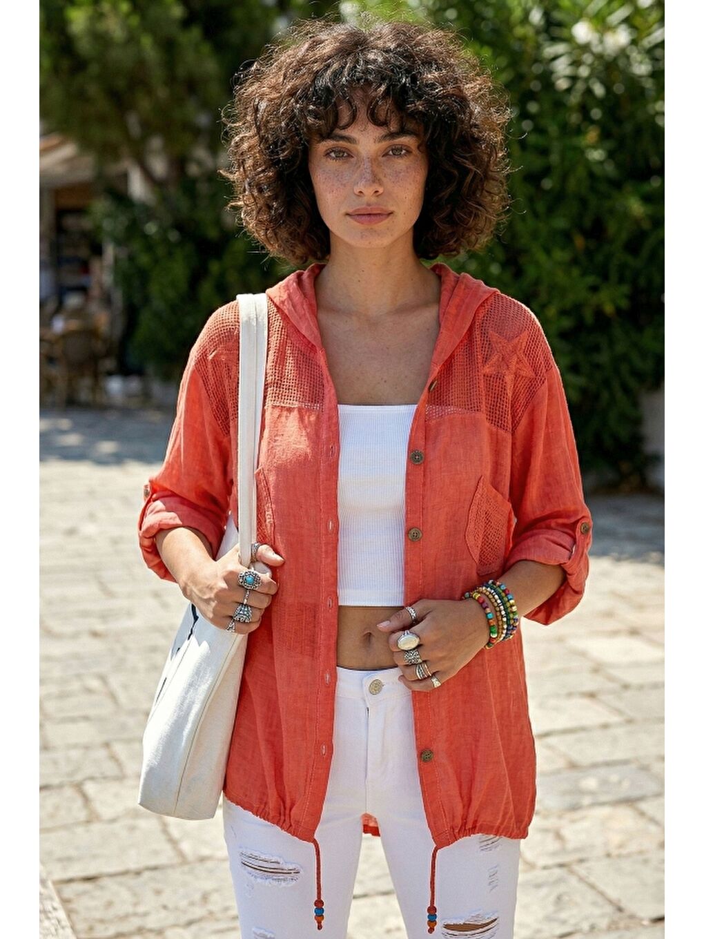 Kırmızı Narçiçeği Uzun Kol Arkası Yıldız Desenli Omuzları File Ve Yıldız Detaylı Casual Dokuma Ceket 70 65-1