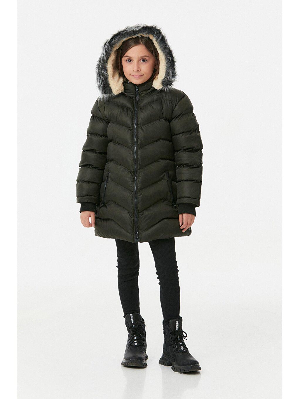 Haki Cebi Fermuarlı Kız Çocuk Şişme Mont-3