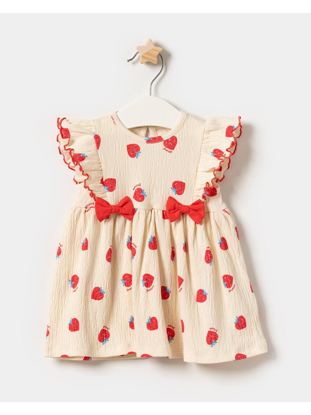 Karışık Kız Bebek Pamuklu Krem Çilek Desenli  Fırfır Ve Kurdele Detaylı Elbise-2