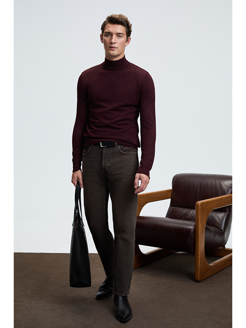 Rebel Erkek Yarım Balıkçı Yaka Basic Slim Fit Triko Bordo Kazak-4