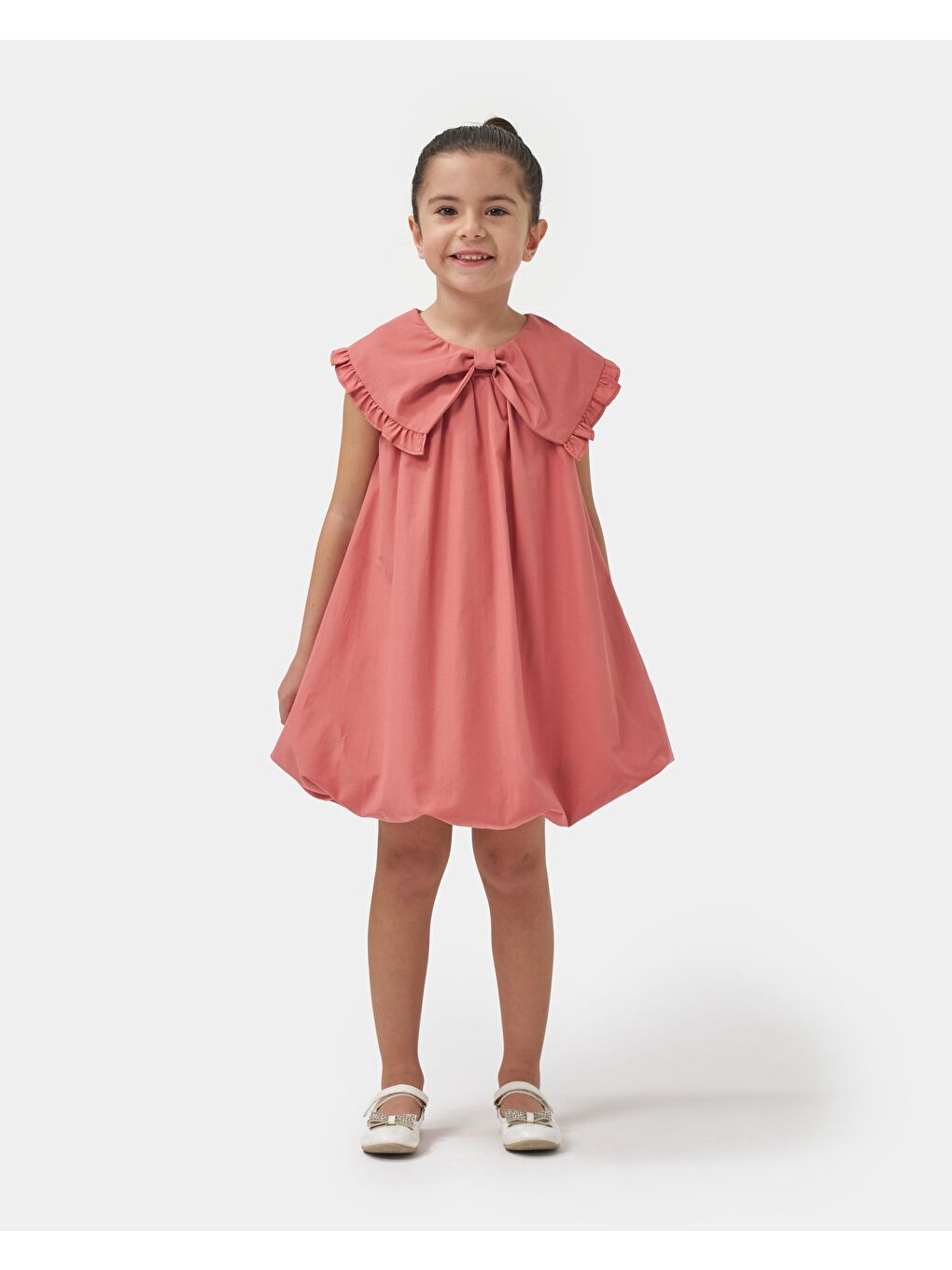 Pembe Kız Çocuk Pamuklu Fiyonk Yaka Balon Etek Elbise-3