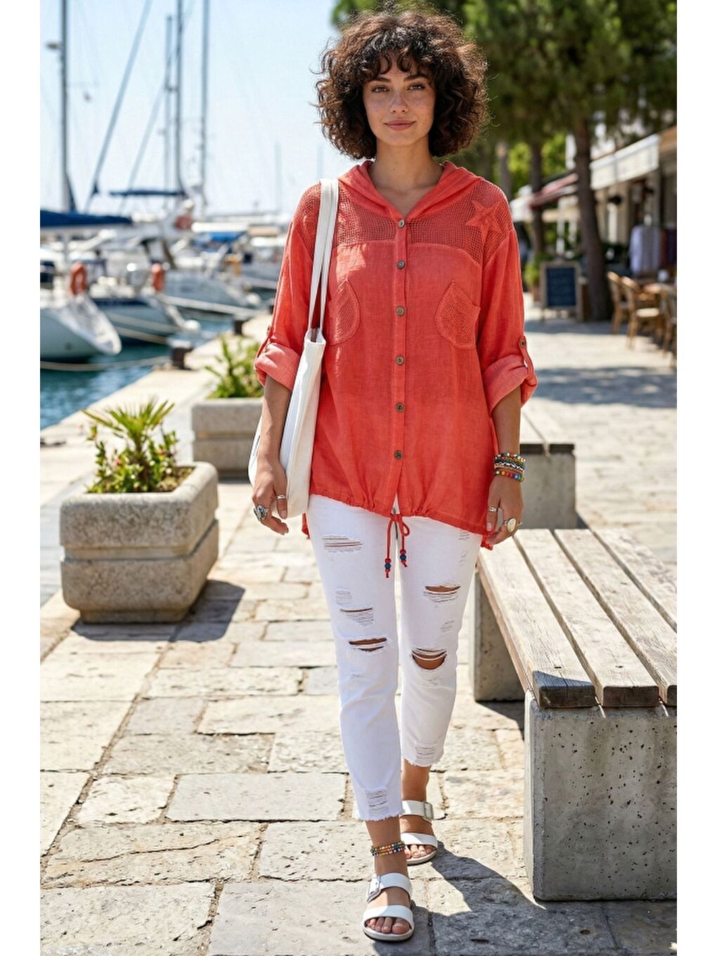 Kırmızı Narçiçeği Uzun Kol Arkası Yıldız Desenli Omuzları File Ve Yıldız Detaylı Casual Dokuma Ceket 70 65-3