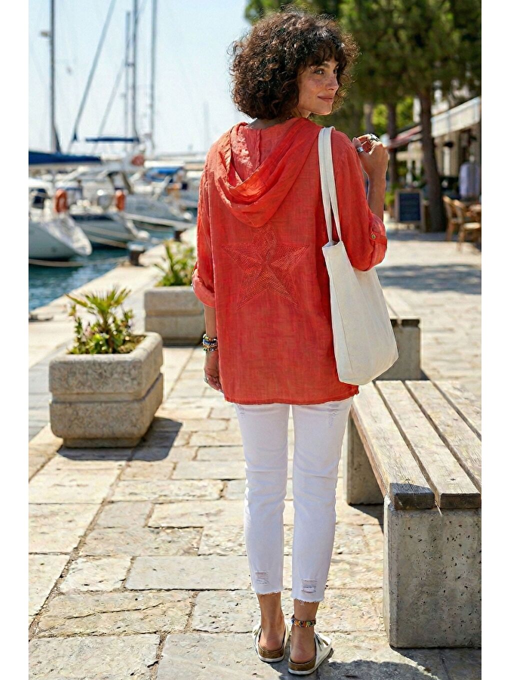 Kırmızı Narçiçeği Uzun Kol Arkası Yıldız Desenli Omuzları File Ve Yıldız Detaylı Casual Dokuma Ceket 70 65-4