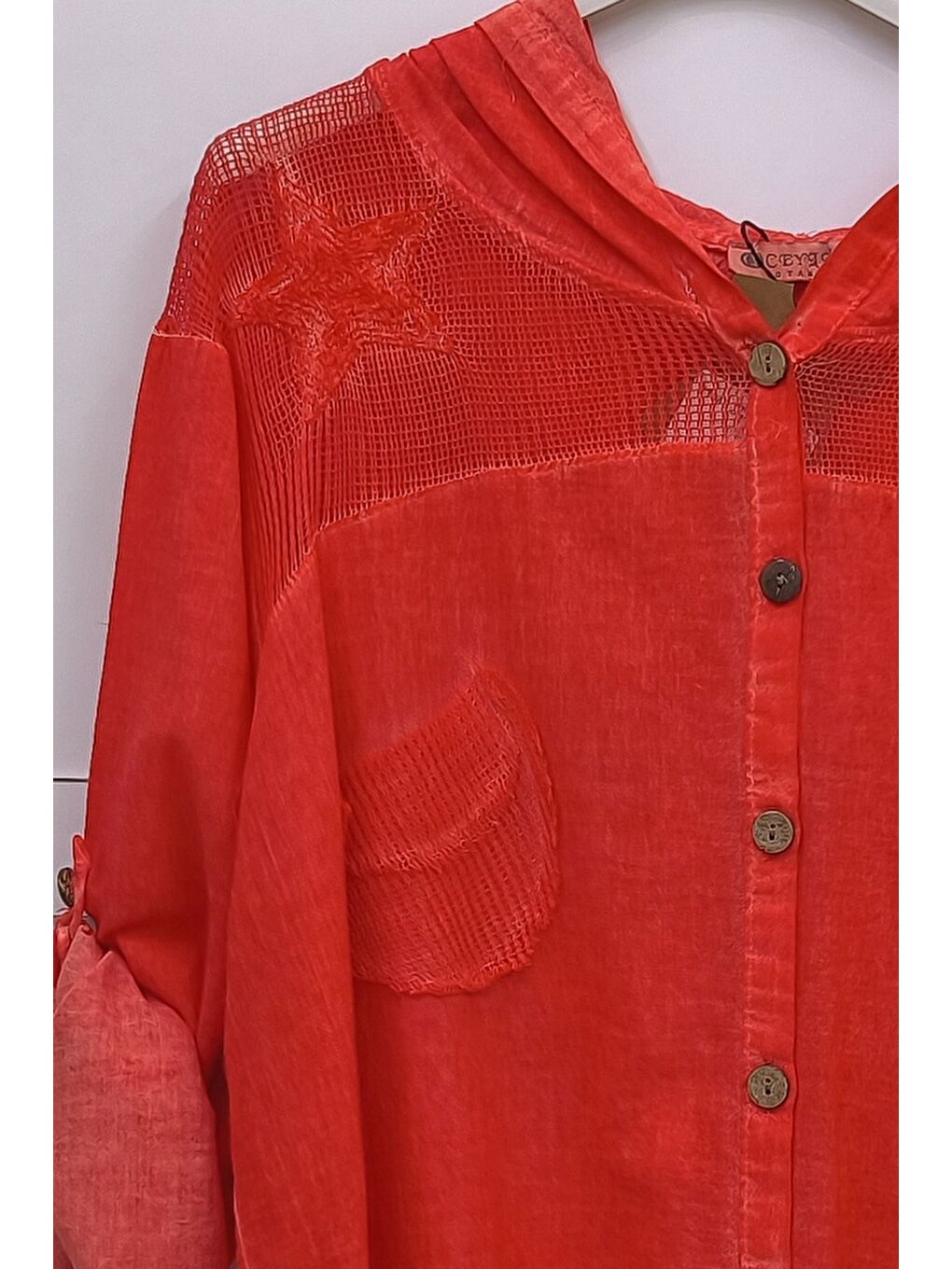 Kırmızı Narçiçeği Uzun Kol Arkası Yıldız Desenli Omuzları File Ve Yıldız Detaylı Casual Dokuma Ceket 70 65-5