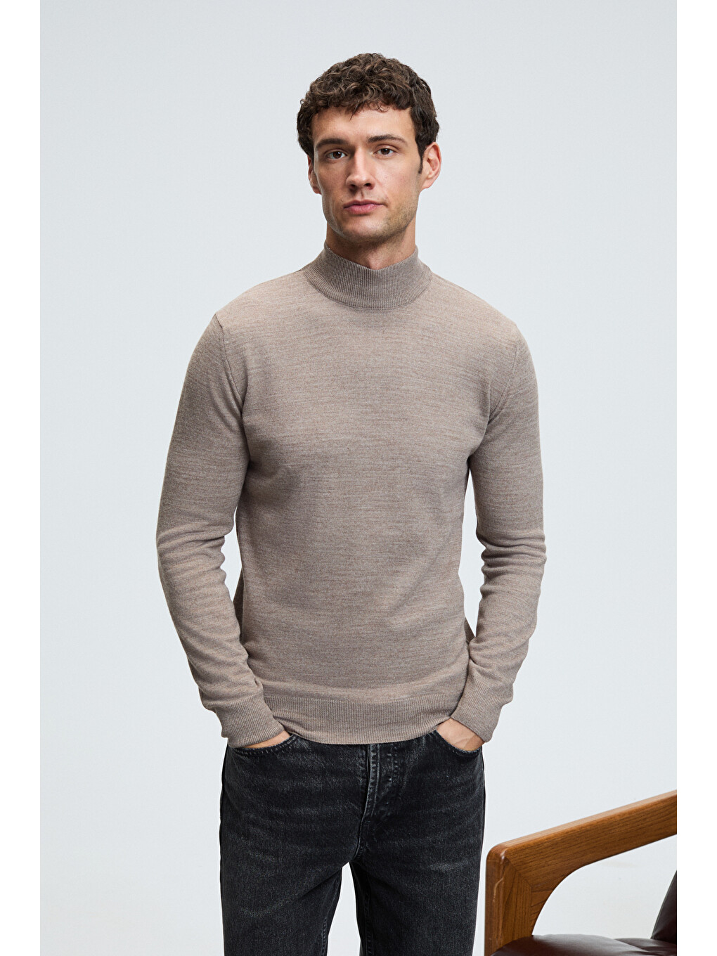 Bej Rebel Erkek Yarım Balıkçı Yaka Basic Slim Fit Triko Vizon Kazak-1