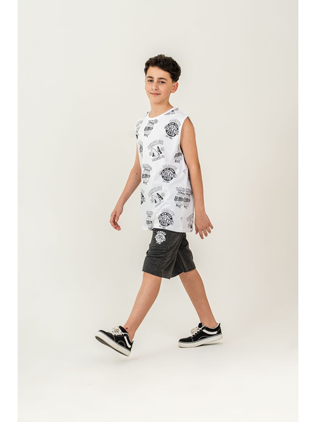 Antrasit Üst Atlet Tüm Alan Baskılı Alt Kapri Sol Bacak Baskılı Erkek Çocuk Şort - Atlet Takımı-1