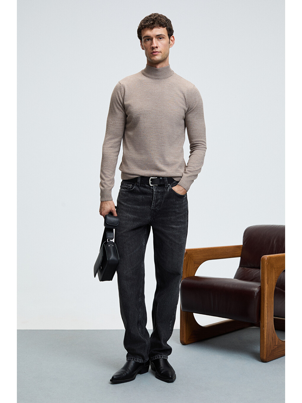 Bej Rebel Erkek Yarım Balıkçı Yaka Basic Slim Fit Triko Vizon Kazak-2