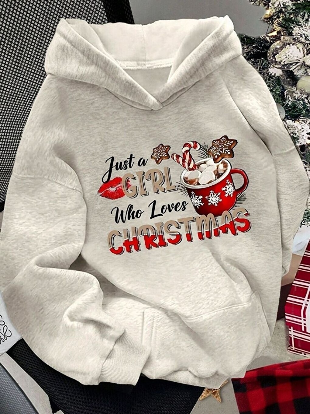 Gri Christmas Baskılı Oversize Kapüşonlu Sweatshirt Uzun Kollu Yılbaşı Temalı Hoodie