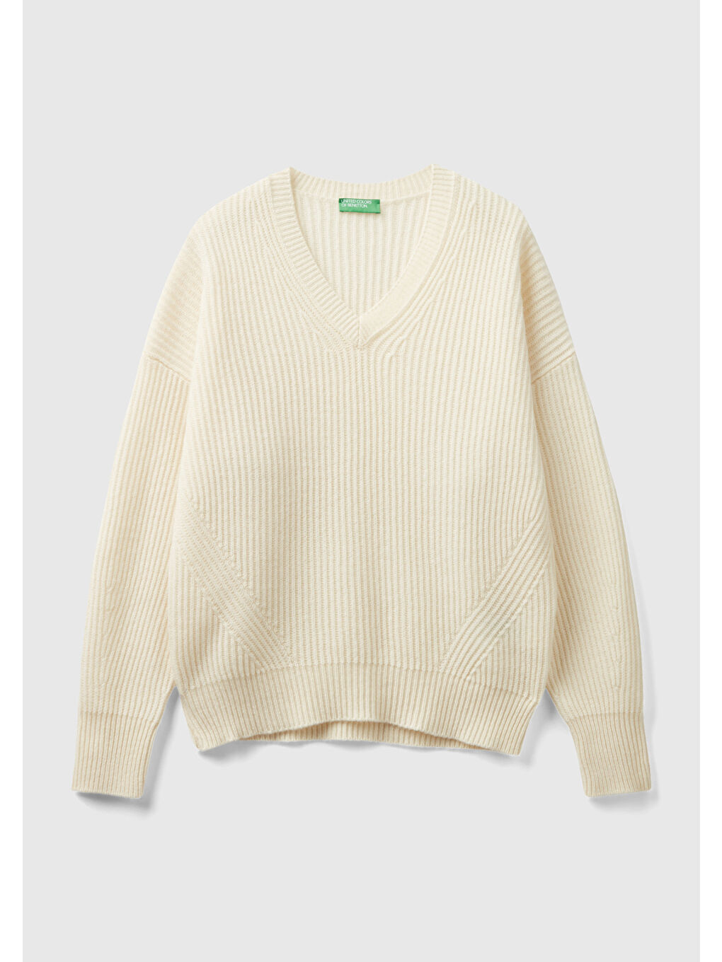 Bej Kadın Vanilya Yün Karışımlı Boxy Fit V Yaka Kazak-1