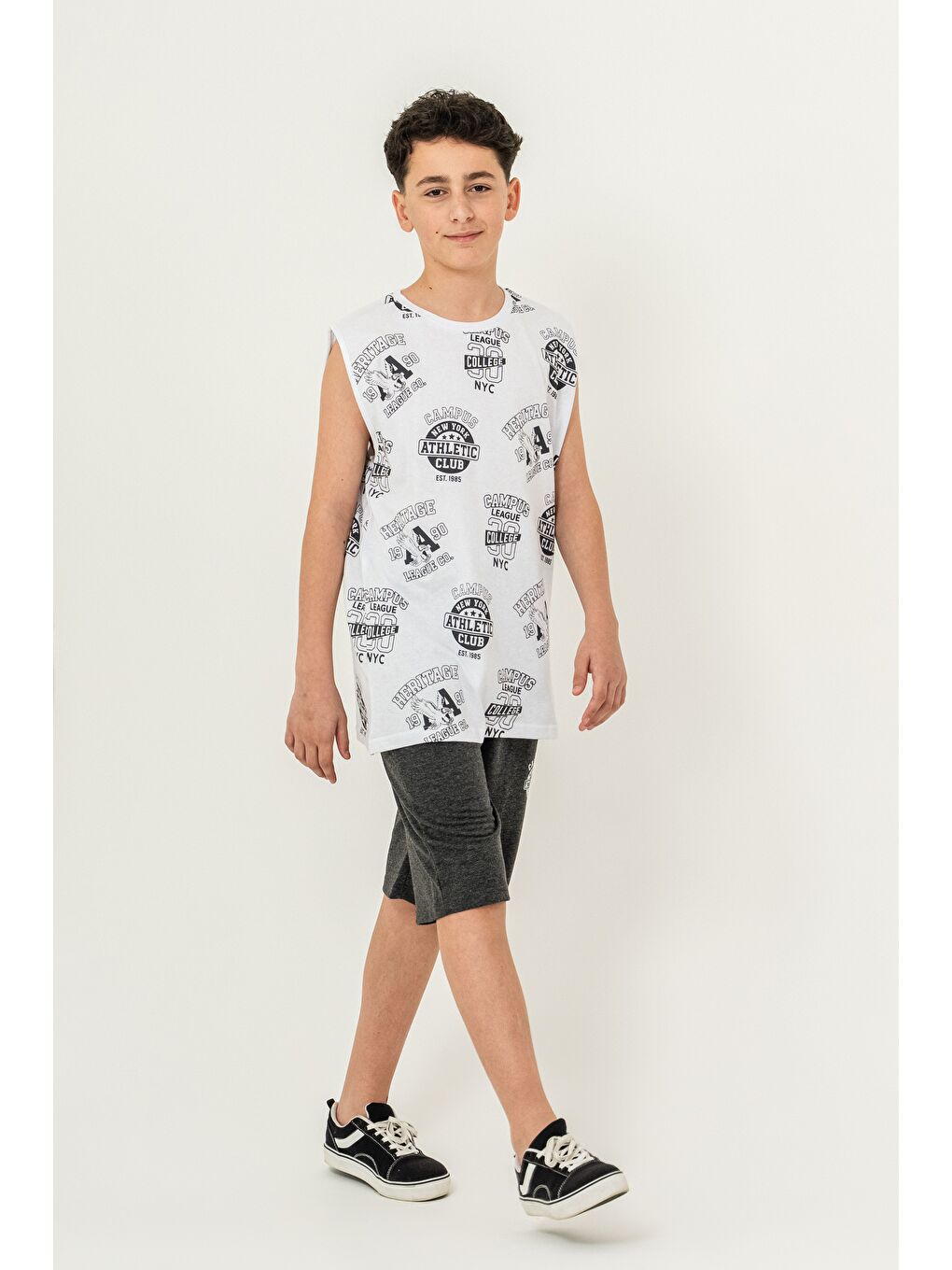 Antrasit Üst Atlet Tüm Alan Baskılı Alt Kapri Sol Bacak Baskılı Erkek Çocuk Şort - Atlet Takımı-2