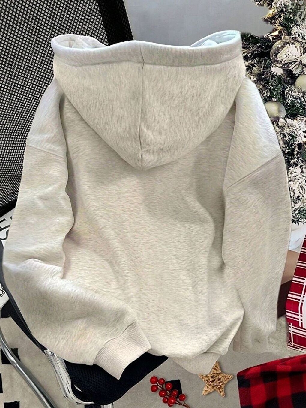 Gri Christmas Baskılı Oversize Kapüşonlu Sweatshirt Uzun Kollu Yılbaşı Temalı Hoodie-1