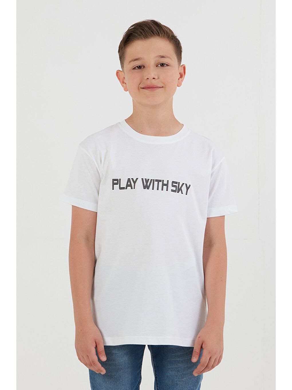 Beyaz %100 Pamuk Play With Sky Baskılı Erkek Çocuk Tişört-1