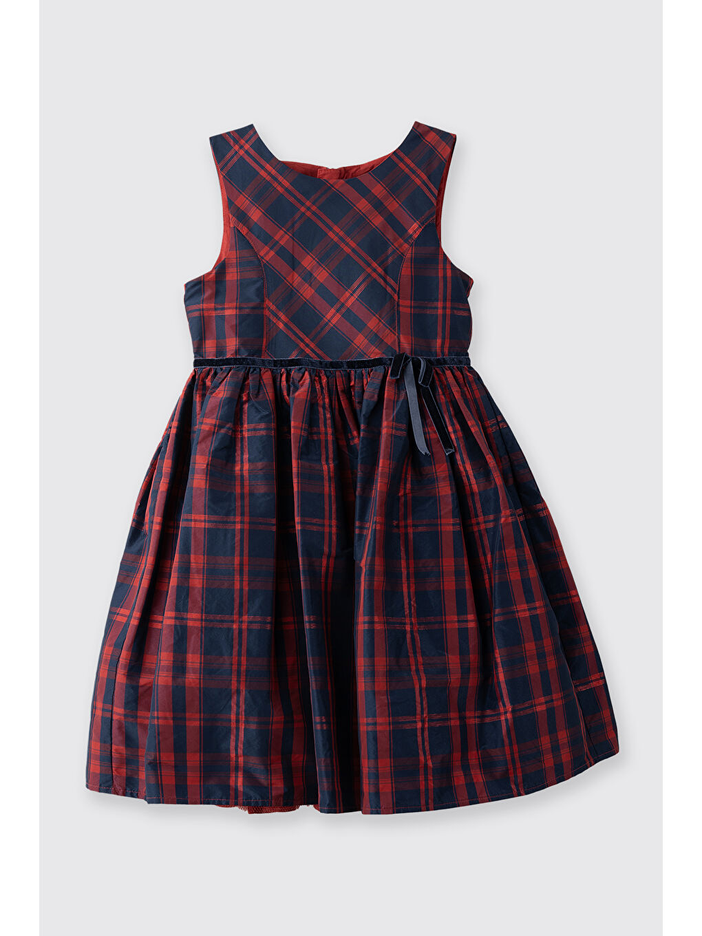 Kız Çocuk Ekose Desenli Beli Kurdelalı Kabarık Lacivert Parti Elbisesi