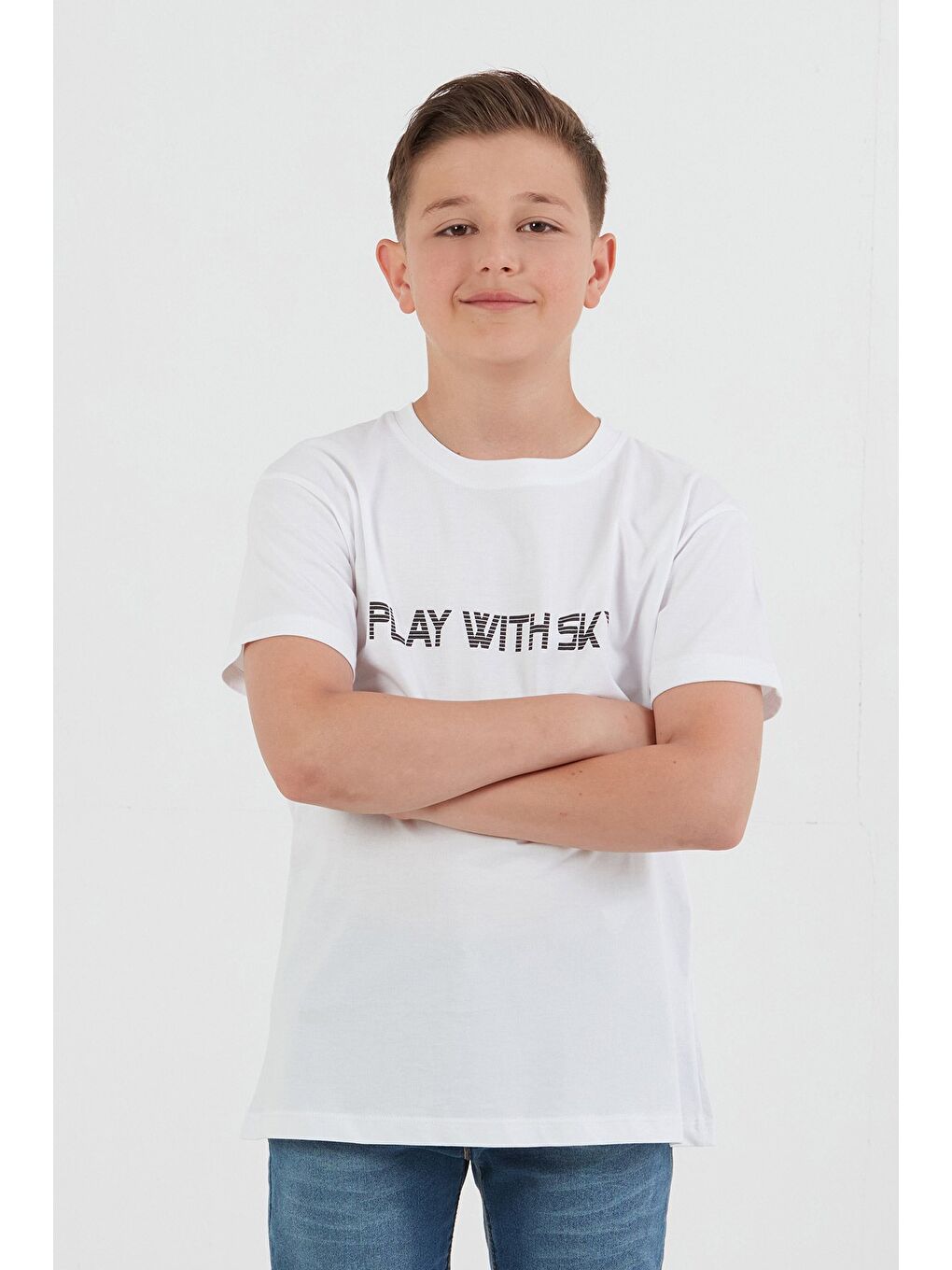 Beyaz %100 Pamuk Play With Sky Baskılı Erkek Çocuk Tişört-2