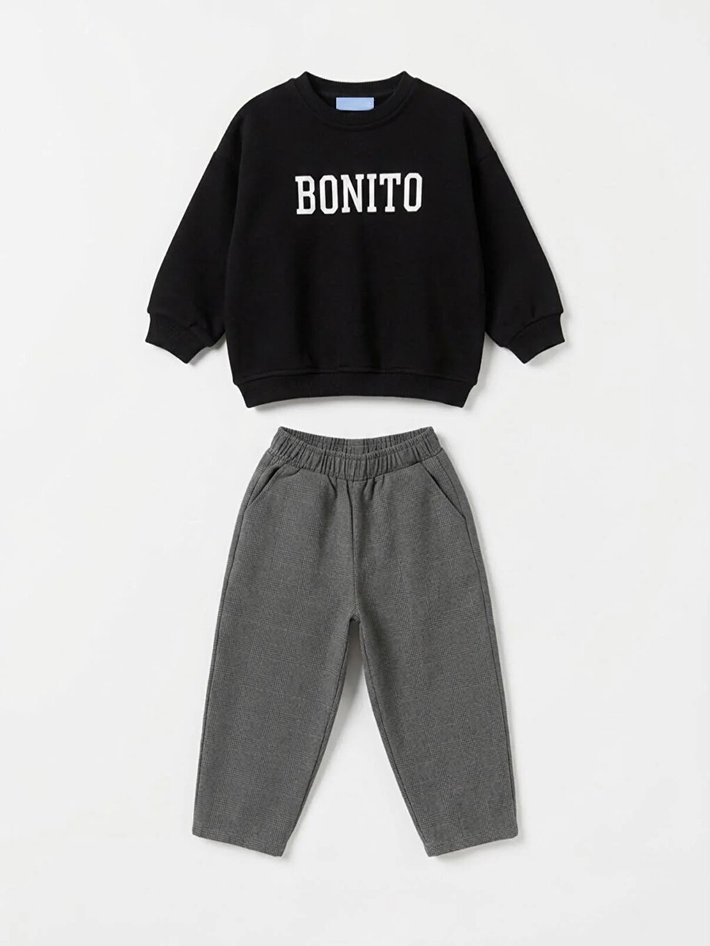 Karışık Çocuk Pamuklu Yazı Baskılı Siyah Sweatshirt Ve Gri Ekose Pantolon Takımı-2