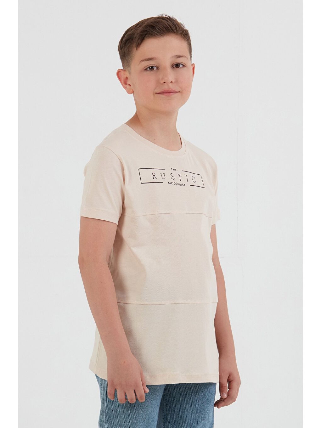 Bej %100 Pamuk Rustic Yazı Baskılı Erkek Çocuk Tişört