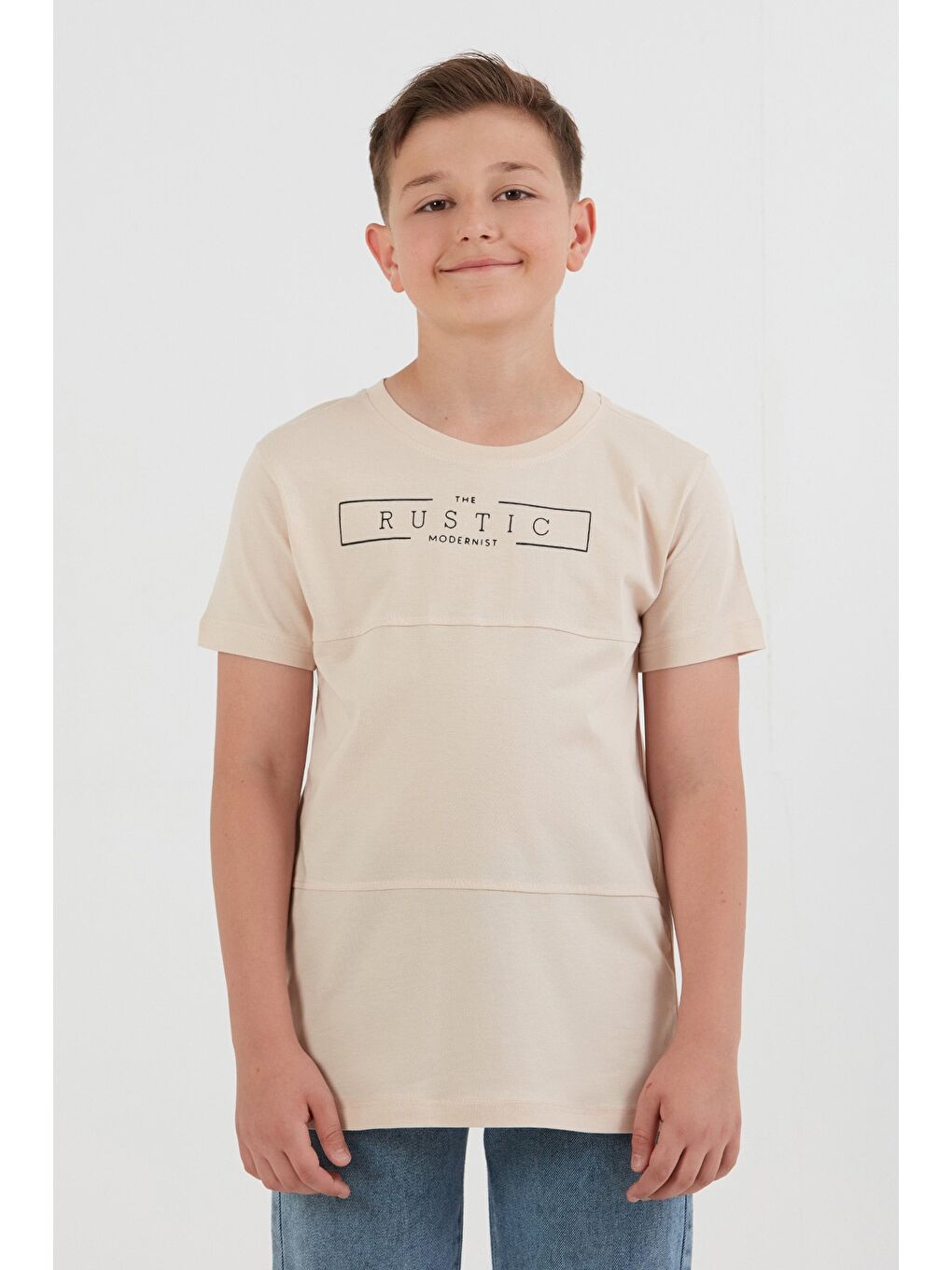 Bej %100 Pamuk Rustic Yazı Baskılı Erkek Çocuk Tişört-1