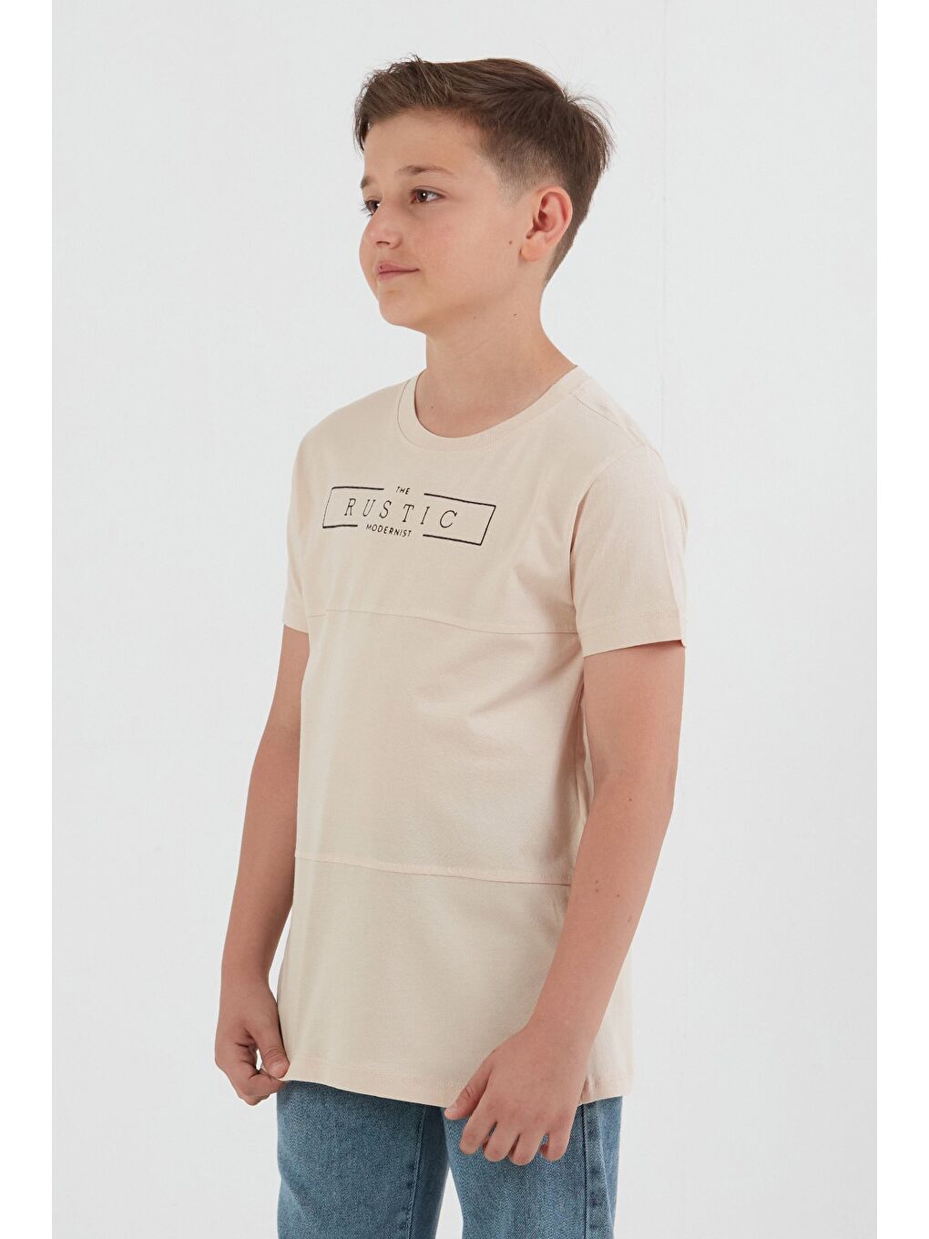 Bej %100 Pamuk Rustic Yazı Baskılı Erkek Çocuk Tişört-2