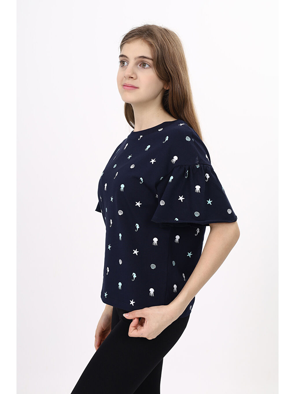 Lacivert Kız Çocuk Baskılı Tişört-1