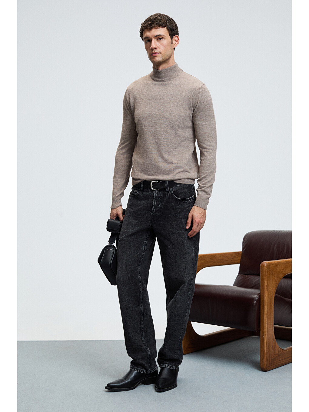 Bej Rebel Erkek Yarım Balıkçı Yaka Basic Slim Fit Triko Vizon Kazak-3