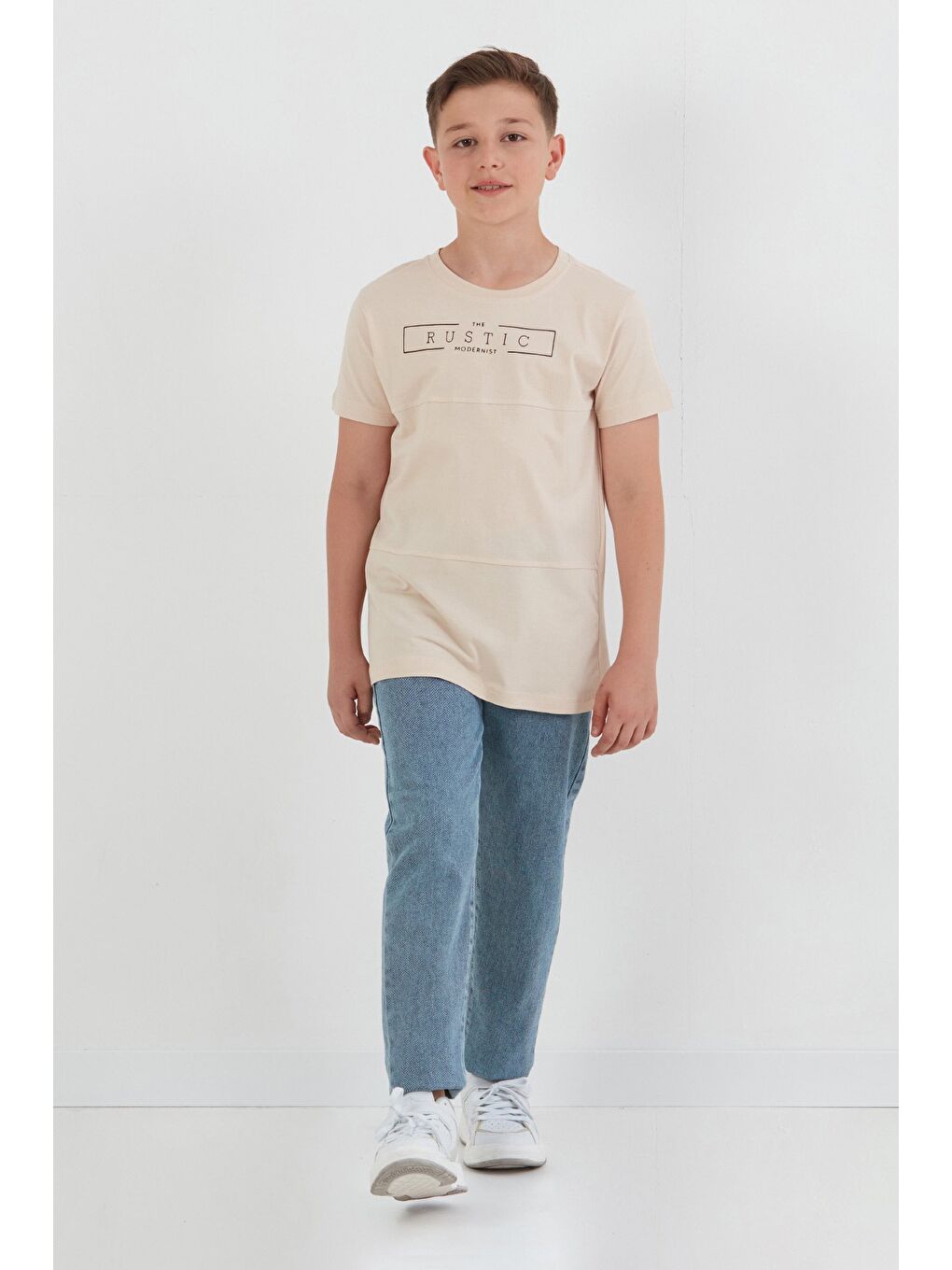 Bej %100 Pamuk Rustic Yazı Baskılı Erkek Çocuk Tişört-4