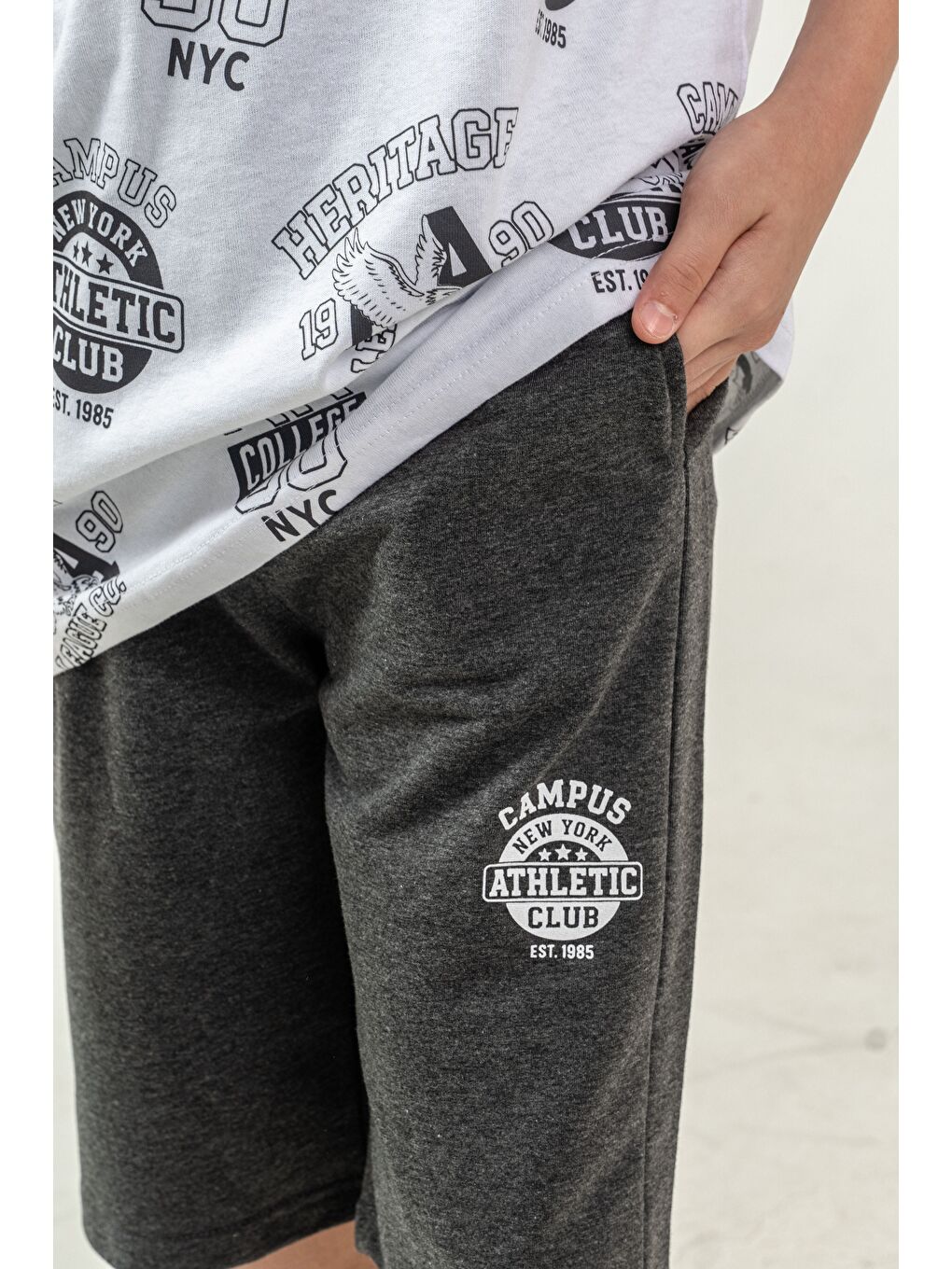 Antrasit Üst Atlet Tüm Alan Baskılı Alt Kapri Sol Bacak Baskılı Erkek Çocuk Şort - Atlet Takımı-6