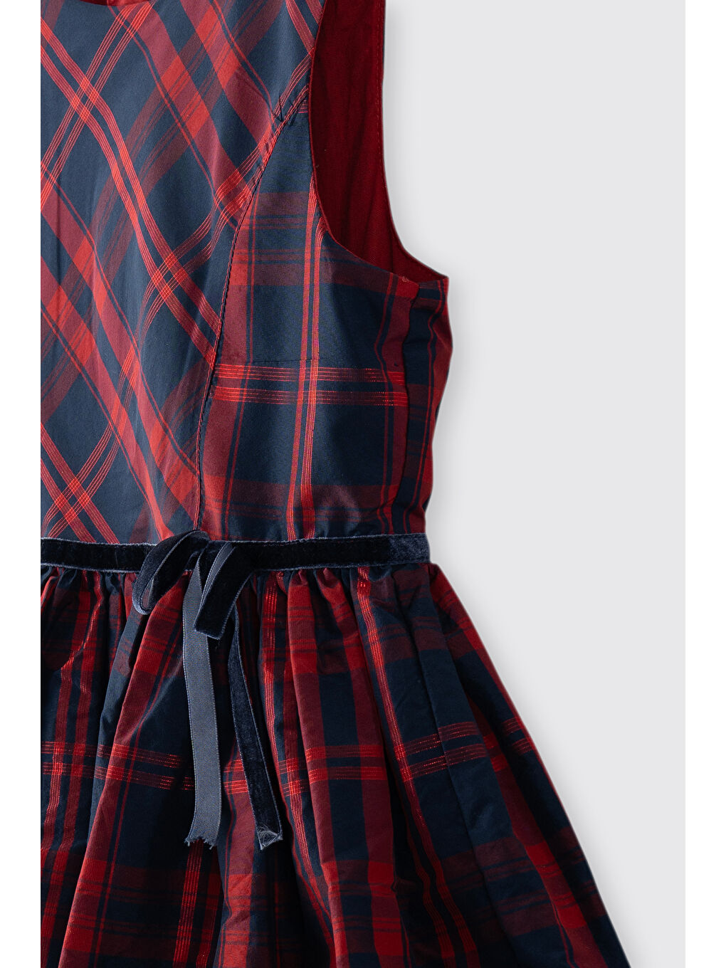 Kız Çocuk Ekose Desenli Beli Kurdelalı Kabarık Lacivert Parti Elbisesi-1