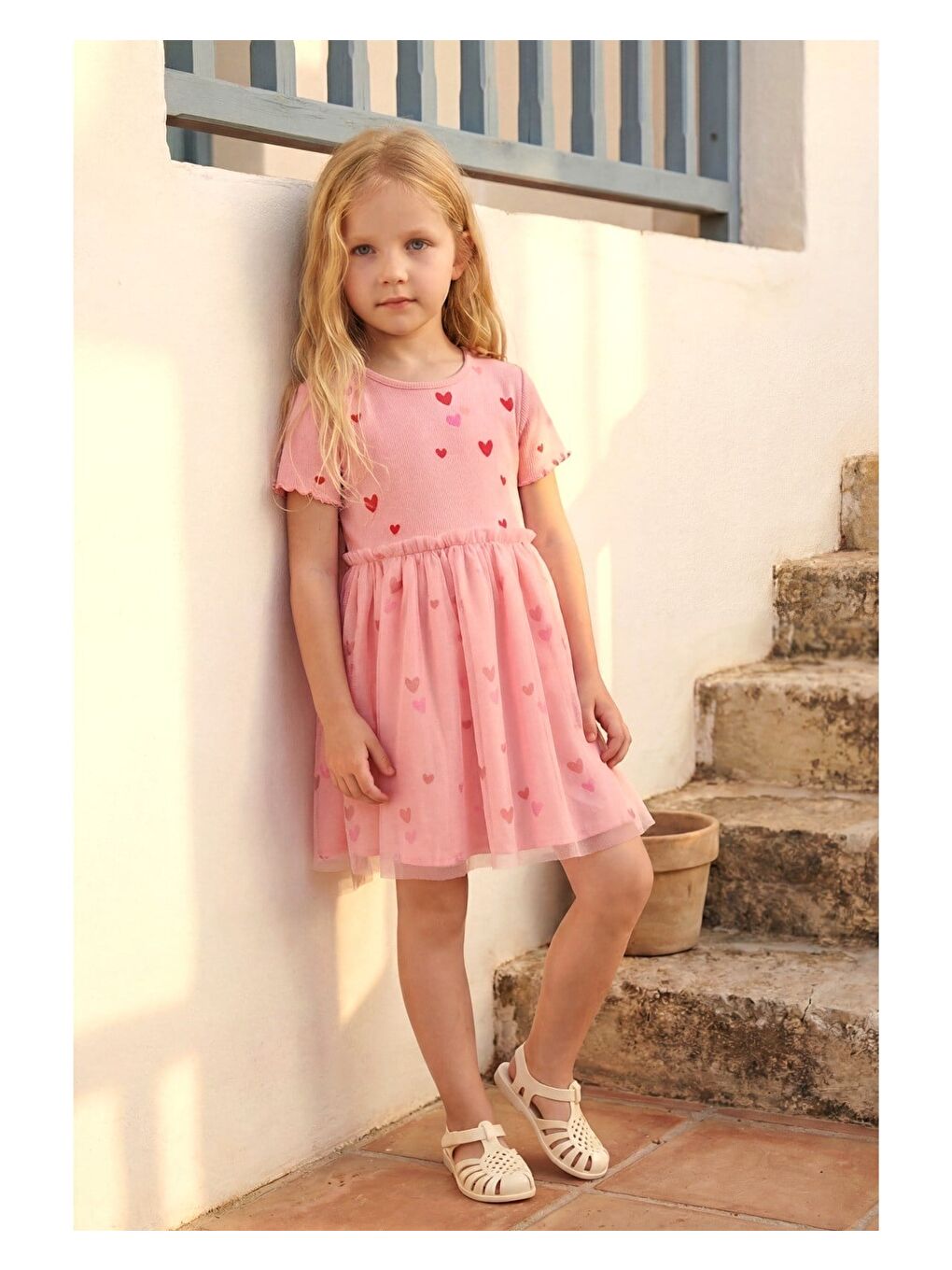 Kız Çocuk Pamuklu Pembe Kalp Baskılı Tül Elbise - Kısa Kollu-1
