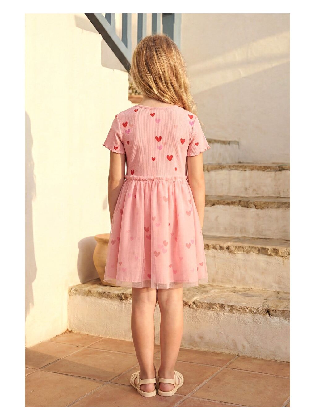Kız Çocuk Pamuklu Pembe Kalp Baskılı Tül Elbise - Kısa Kollu-3