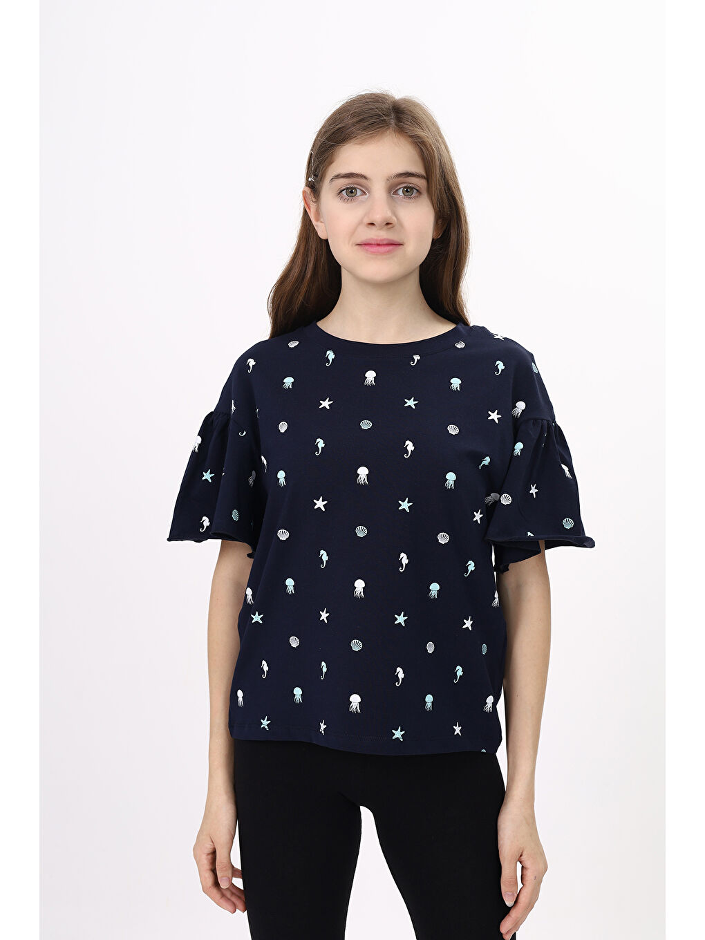Lacivert Kız Çocuk Baskılı Tişört-4