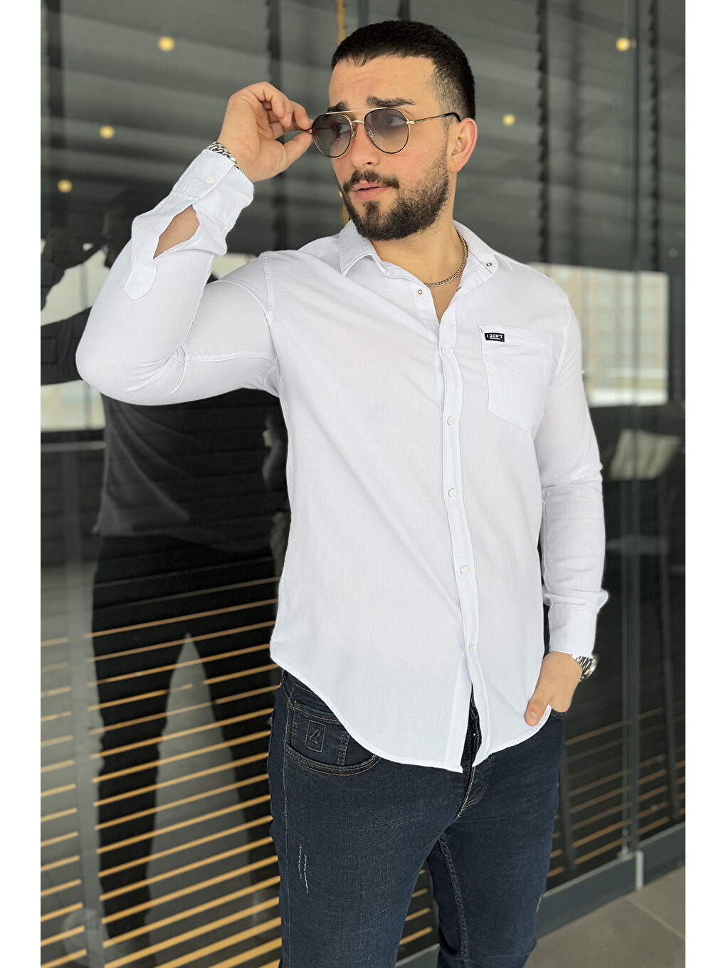 Beyaz Erkek Tek Cepli Ön Çıtçıtlı Uzun Kol Gömlek-1