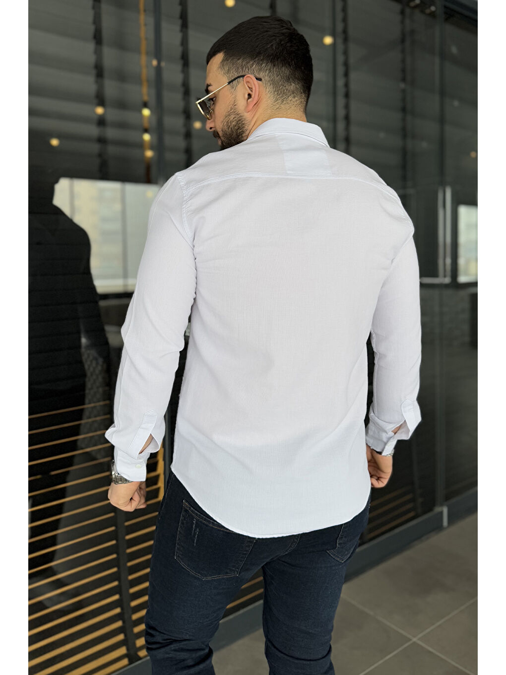 Beyaz Erkek Tek Cepli Ön Çıtçıtlı Uzun Kol Gömlek-2