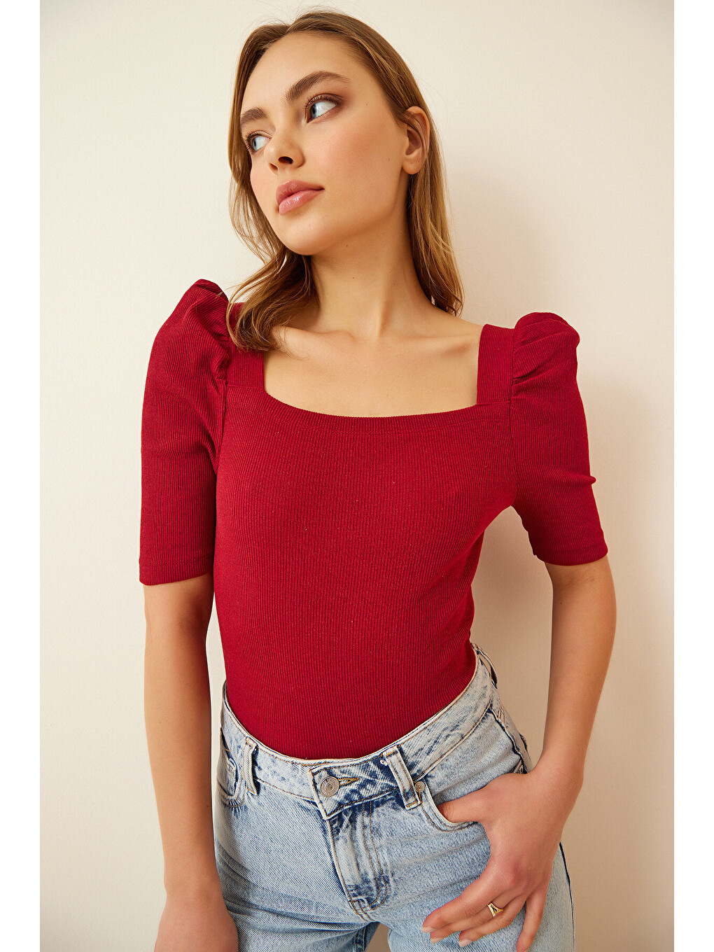 Bordo Kare Yaka Fitilli Crop Bluz BORDO LGT0011-1