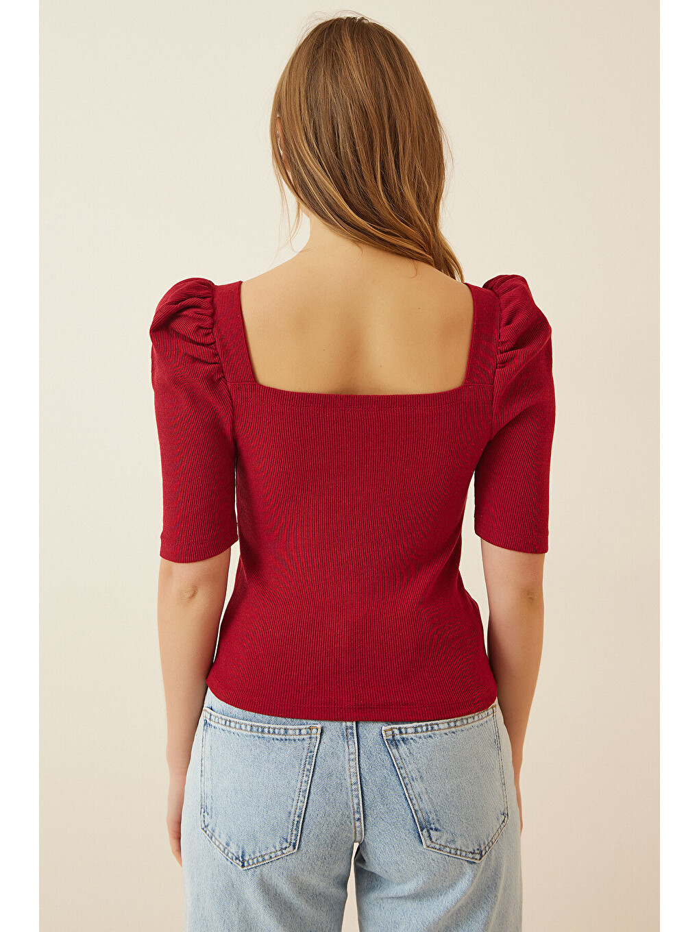 Bordo Kare Yaka Fitilli Crop Bluz BORDO LGT0011-2