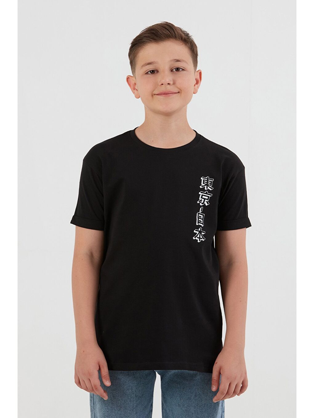 Siyah %100 Pamuk Baskılı Erkek Çocuk Tişört