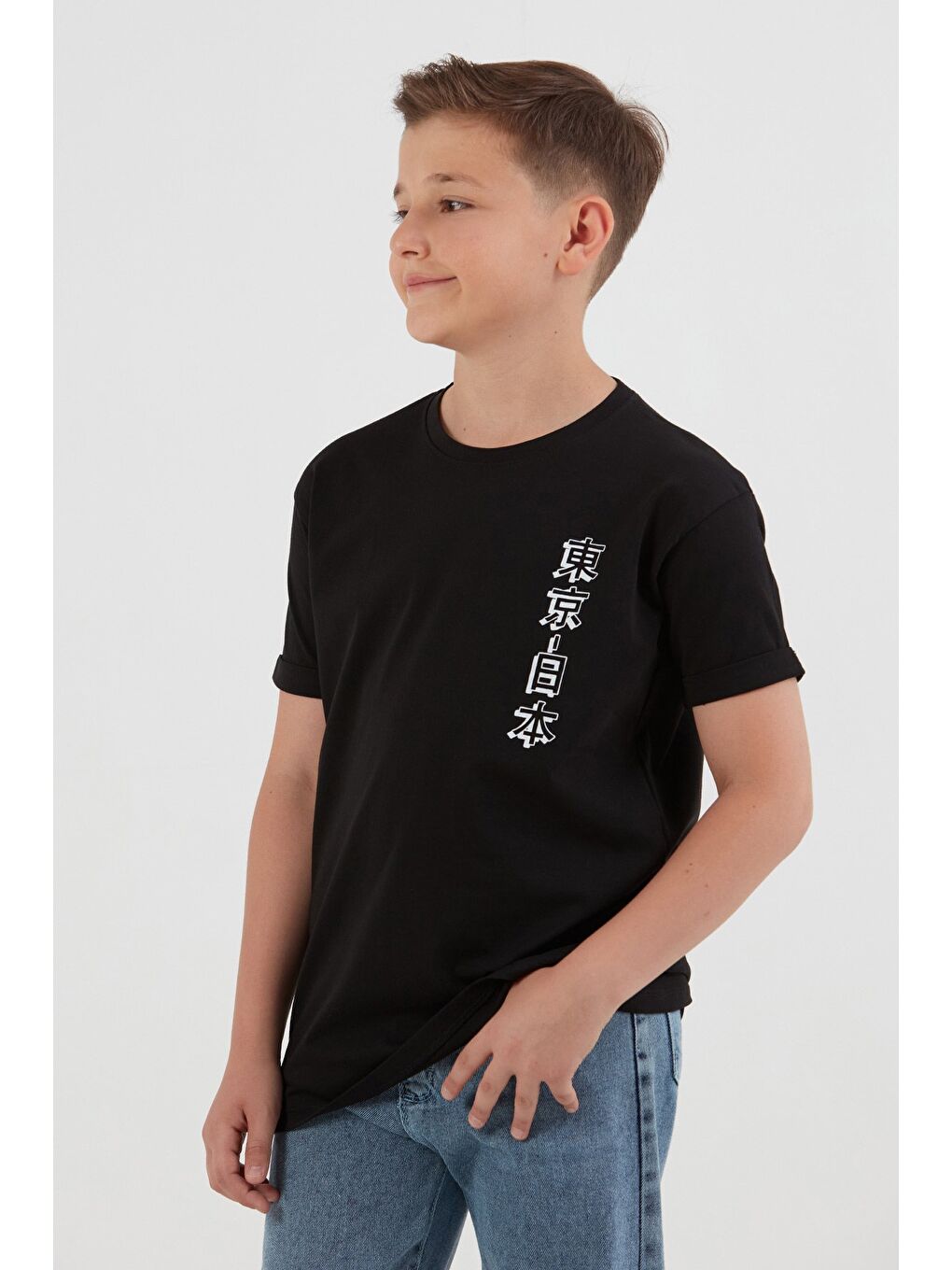 Siyah %100 Pamuk Baskılı Erkek Çocuk Tişört-1