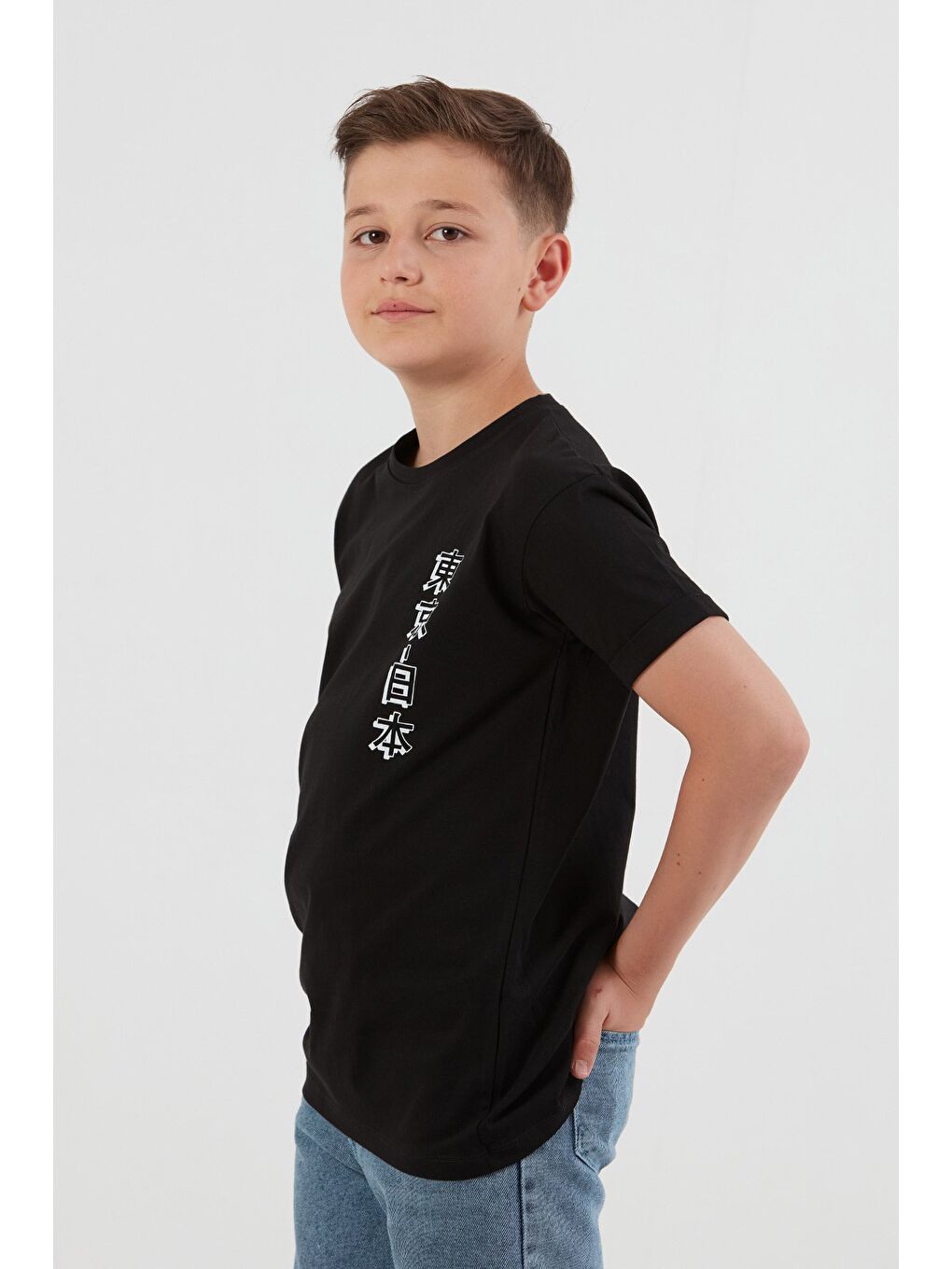 Siyah %100 Pamuk Baskılı Erkek Çocuk Tişört-3