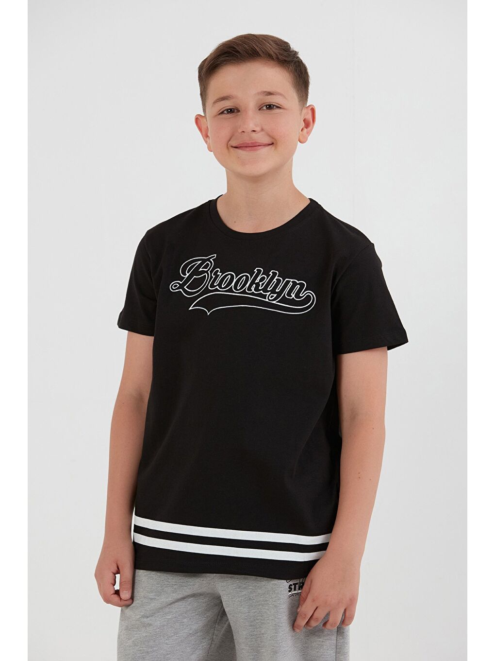 Siyah %100 Pamuk Brooklyn Baskılı Erkek Çocuk Tişört-1