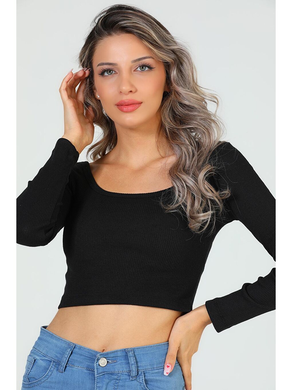 Julude Siyah Kadın Kare Yaka Kaşkorse Crop Body Bluz