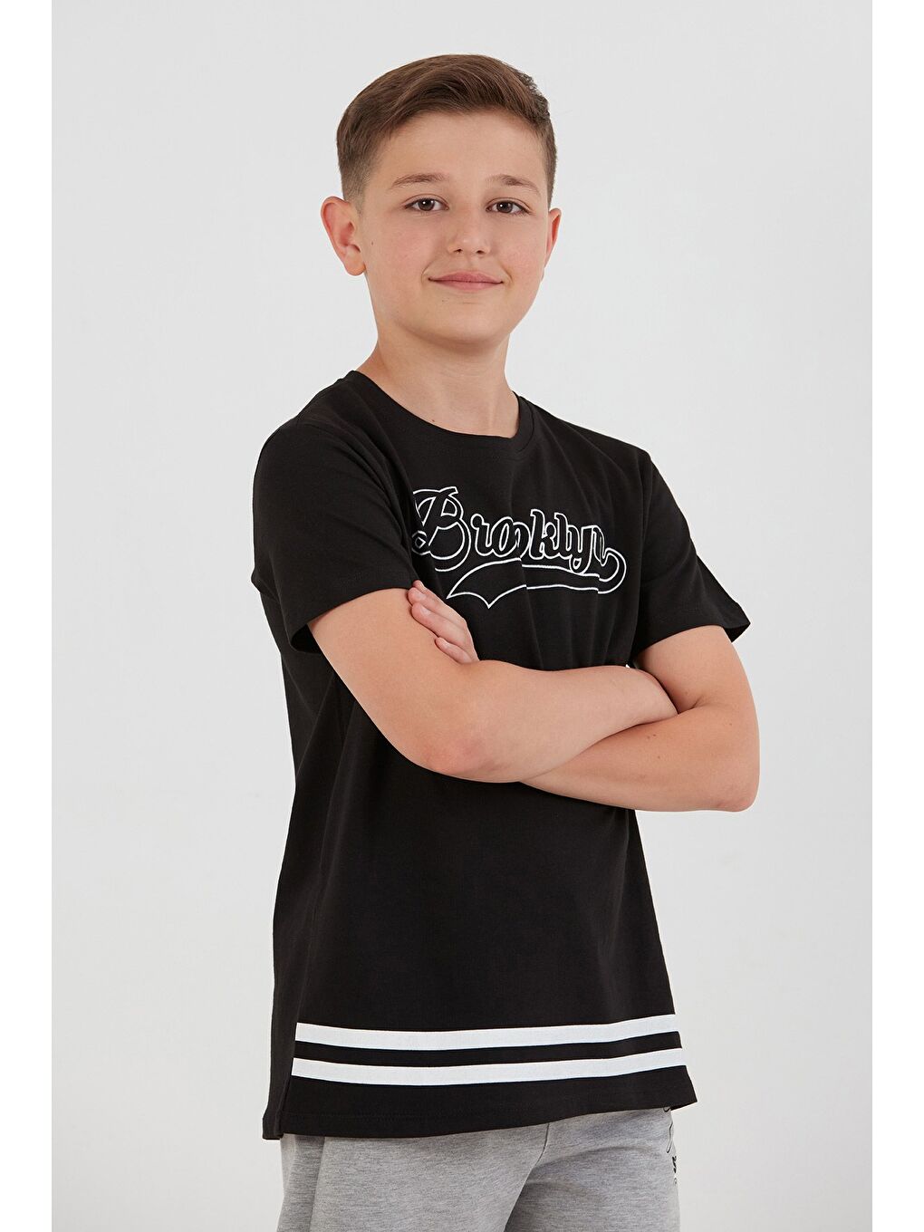 Siyah %100 Pamuk Brooklyn Baskılı Erkek Çocuk Tişört-2