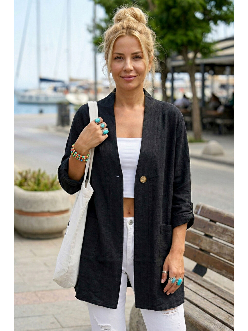 Siyah Kimono Yaka 3/4 Kol Düğmeli Çift Cepli Casual Flamlı Pamuklu Kumaş Dokuma Ceket 85 60-1